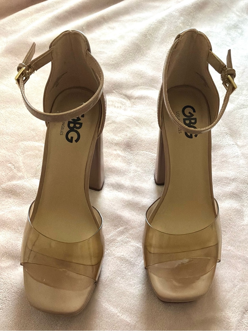 GBG Los Angeles Nude Clear Strap Block Heel Sandals